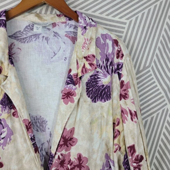 Coldwater Creek Plus Size 2X Linen Jacket blazer Floral Iris Tan Purple Pockets - Picture 2 of 6